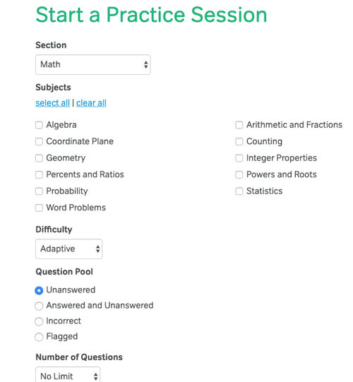 Options for customizing GMAT practice questions
